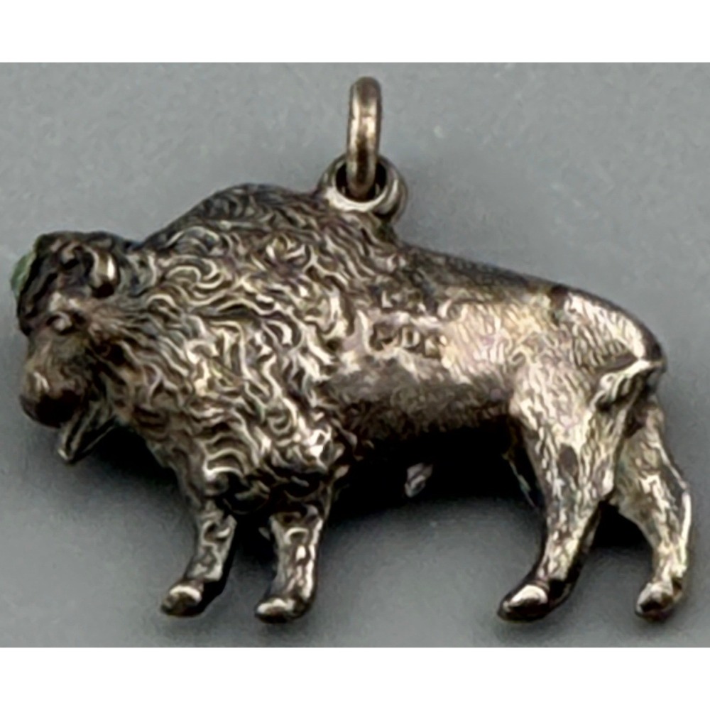 Vintage Buffalo Bison Charm Silver Tone Green Glower Rhinestone 1"
